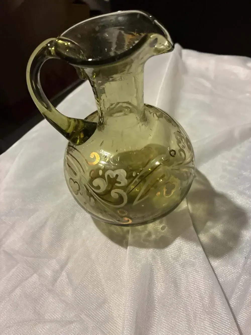 Vintage Hand-Blown Bohemian Olive Green Glass Ewer Pitcher with Gold and White E